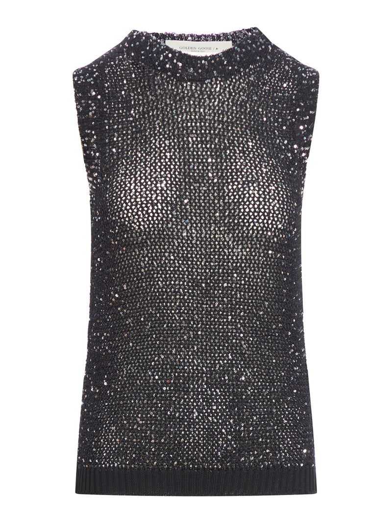 TOP IN MAGLIA A RETE CON PAILLETES E DETTAGLI A CONTRASTO