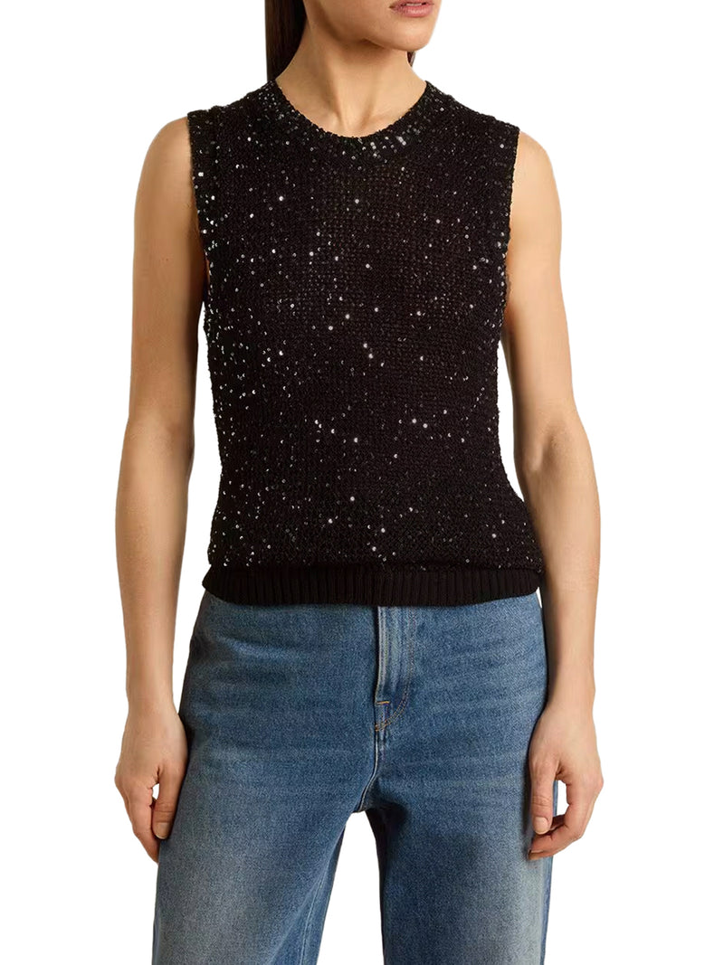 TOP IN MAGLIA A RETE CON PAILLETES E DETTAGLI A CONTRASTO