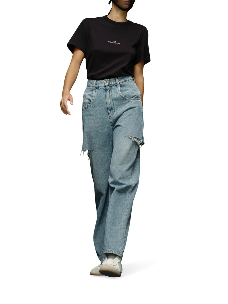 JEANS IN DENIM CON STRAPPI LATERALI