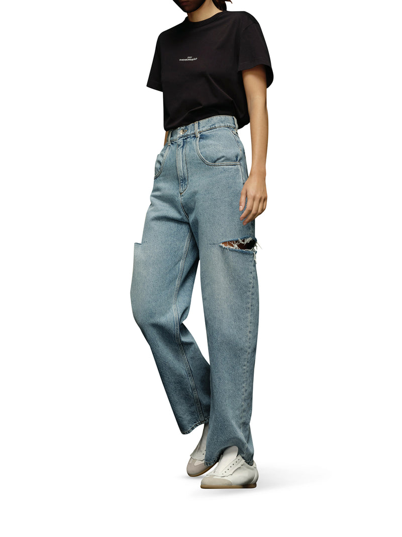 JEANS IN DENIM CON STRAPPI LATERALI