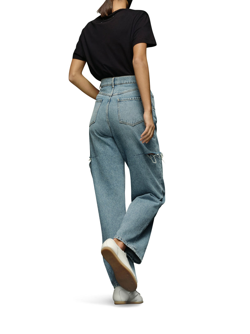 JEANS IN DENIM CON STRAPPI LATERALI