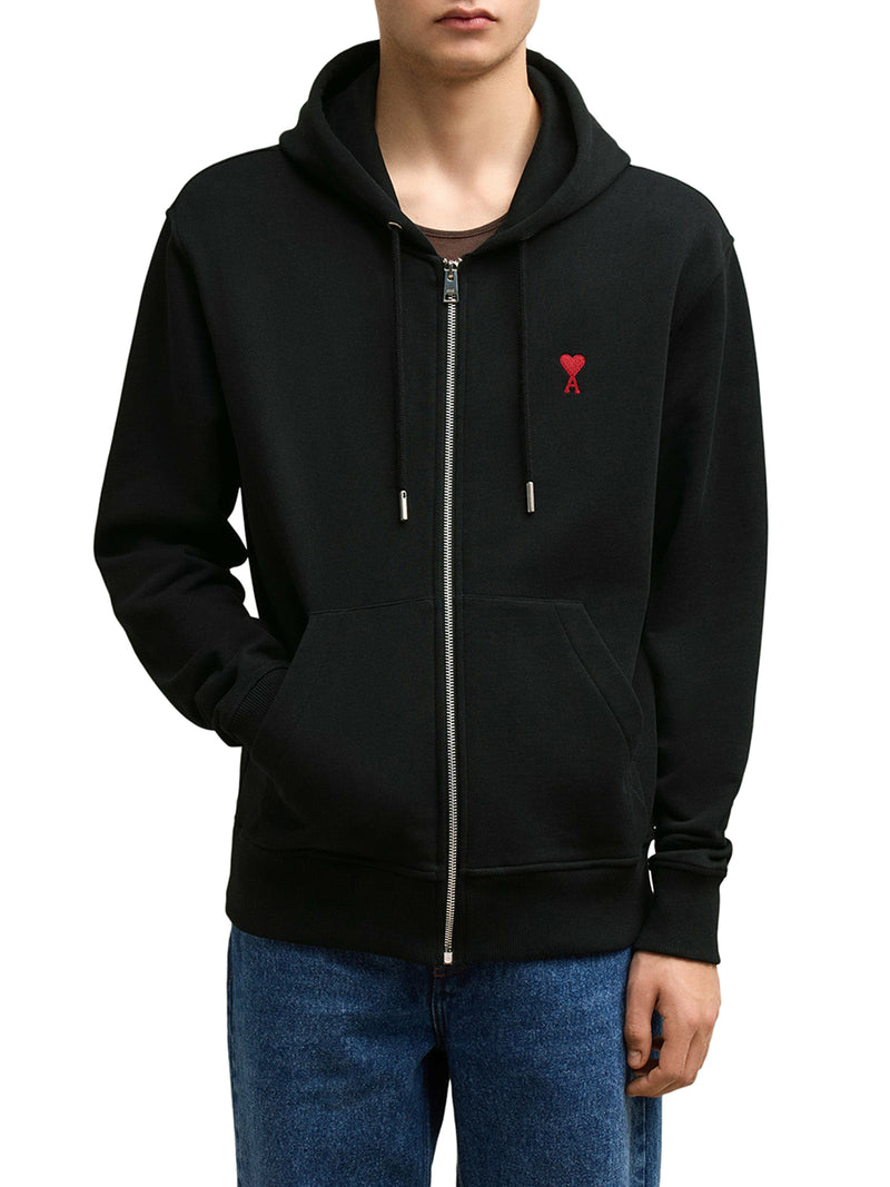 FELPA CON CAPPUCCIO E ZIP IN COTONE NERO AMI DE COEUR