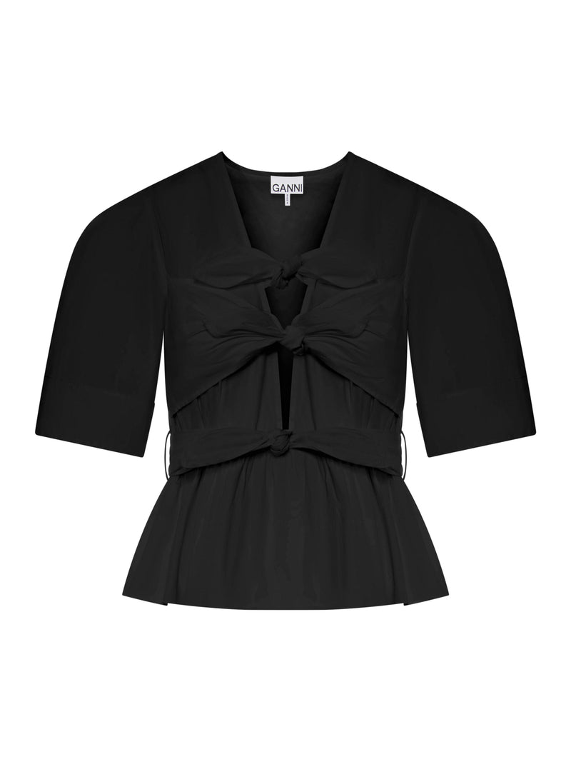 BLUSA IN COTONE ELASTICIZZATO NERO CON SPALLINE LACCATE