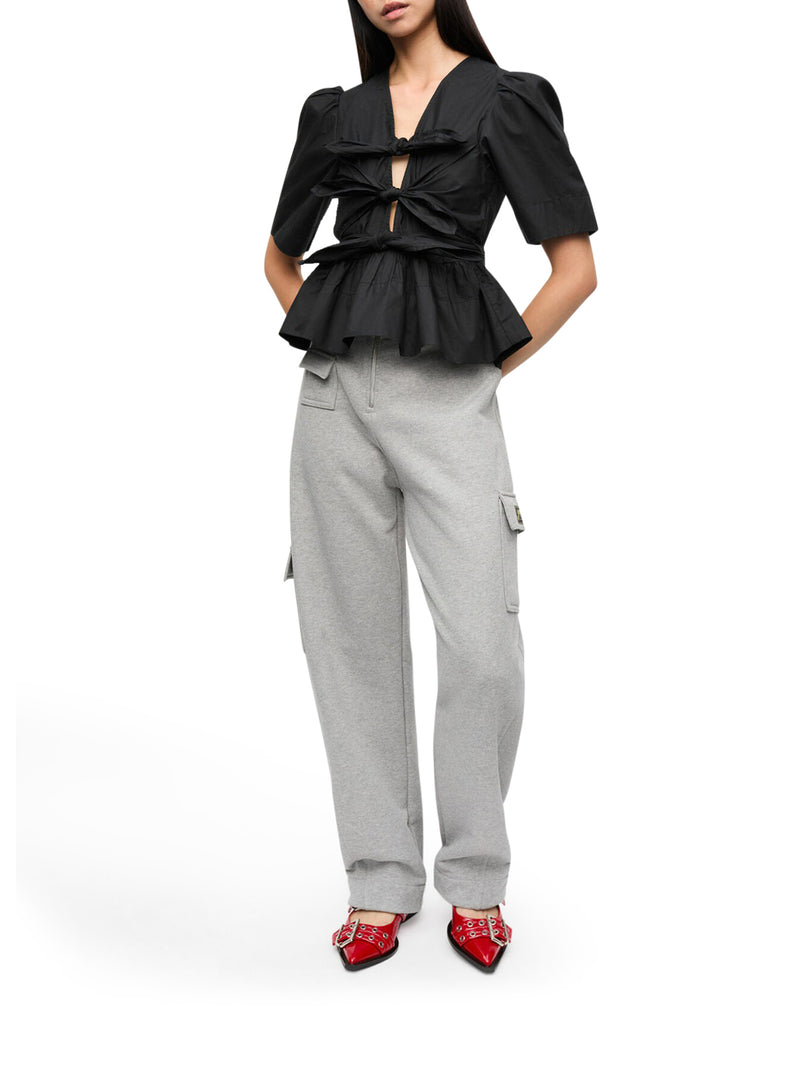 BLUSA IN COTONE ELASTICIZZATO NERO CON SPALLINE LACCATE