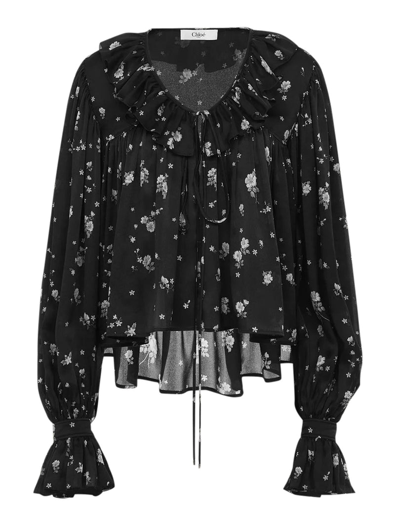 MAXI TOP ARRICCIATO CON VOLANT IN CHARMEUSE DI SETA