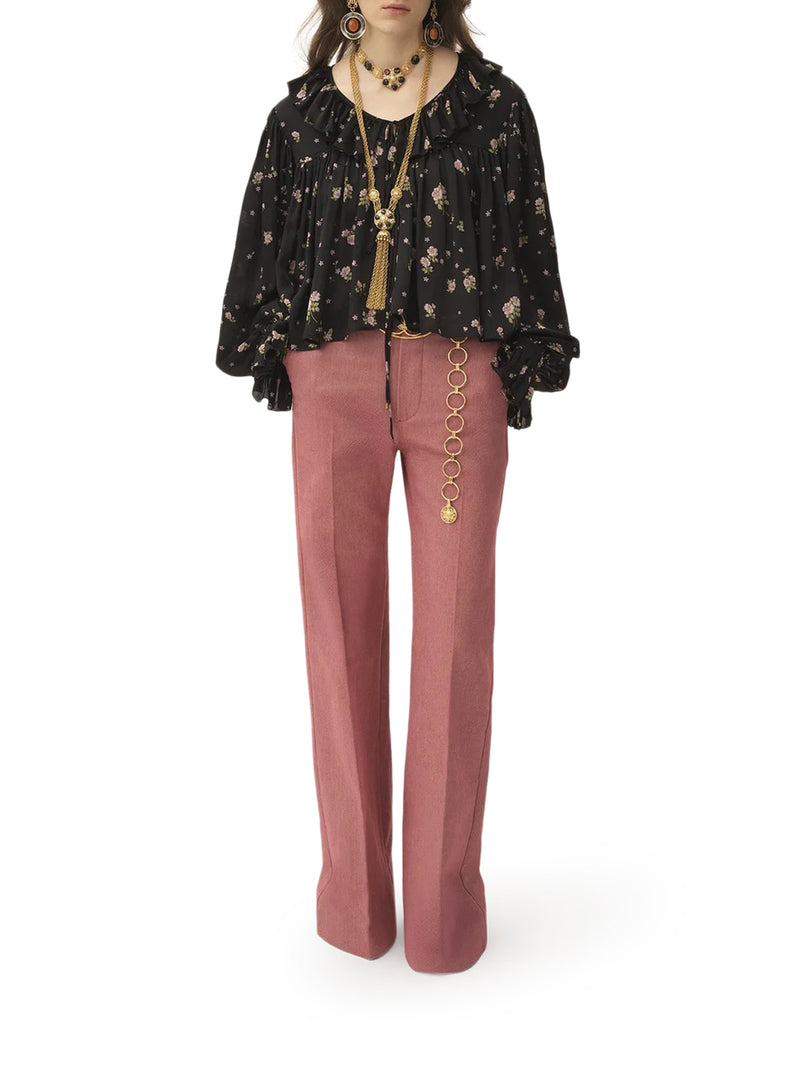 MAXI TOP ARRICCIATO CON VOLANT IN CHARMEUSE DI SETA