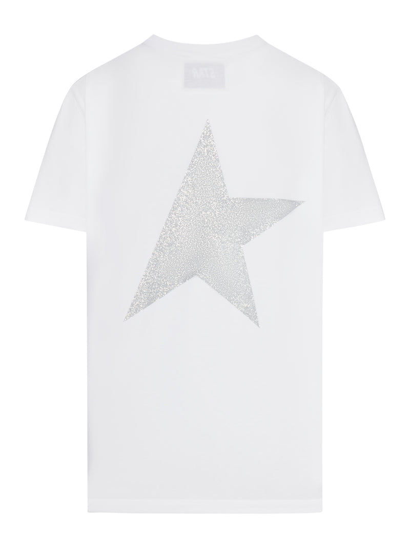 T-SHIRT BIANCA CON LOGO E STELLA IN GLITTER ARGENTO