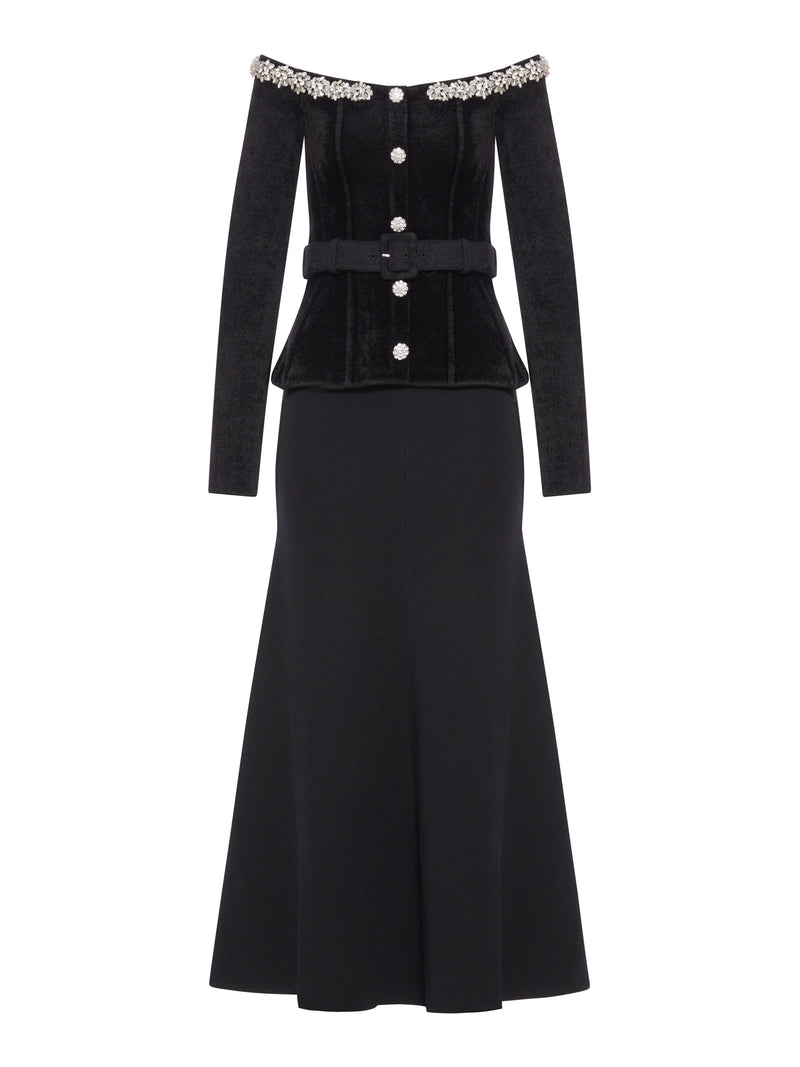 ABITO MIDI IN CINIGLIA NERA CON BORDI IN CRISTALLI