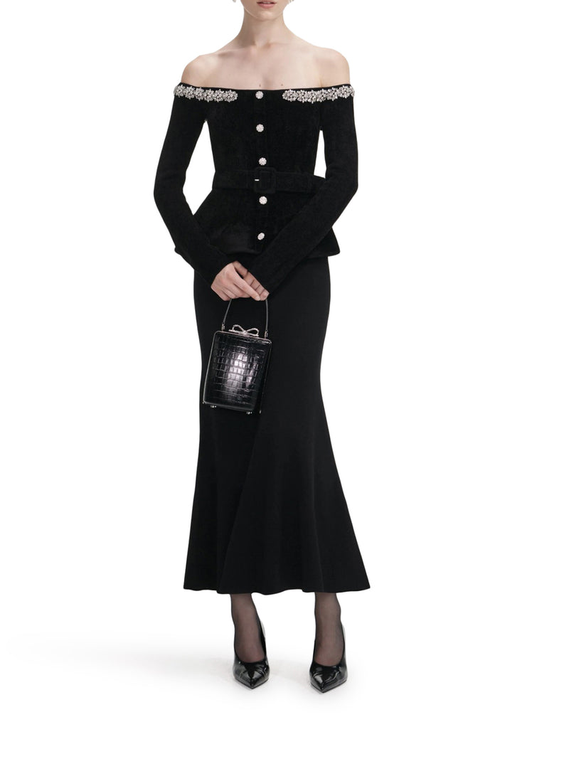 ABITO MIDI IN CINIGLIA NERA CON BORDI IN CRISTALLI