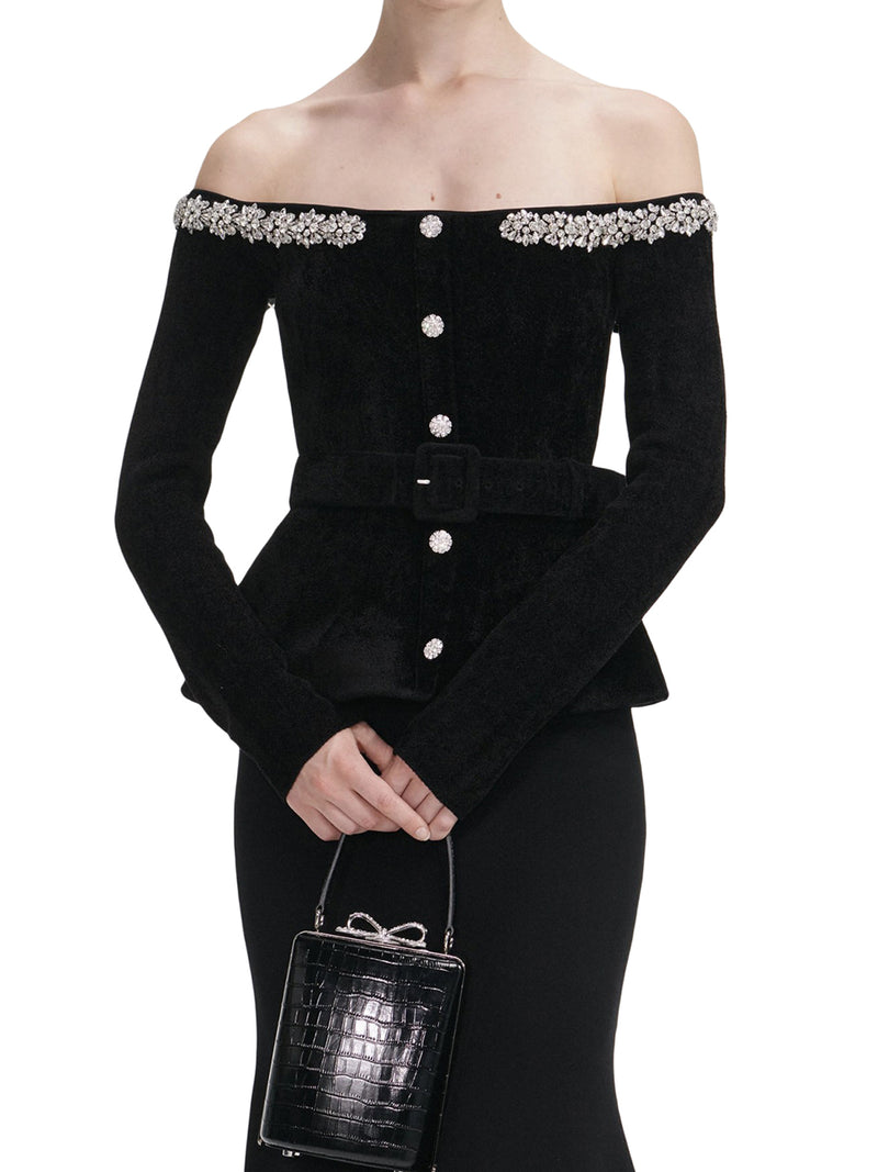 ABITO MIDI IN CINIGLIA NERA CON BORDI IN CRISTALLI