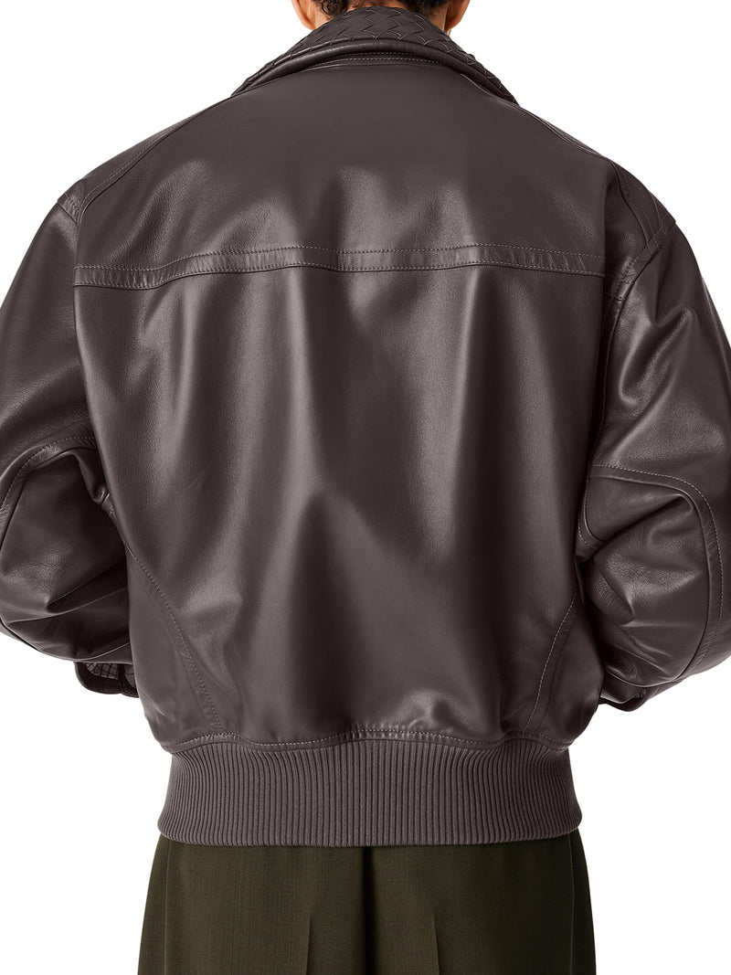 GIACCA IN PELLE CON COLLETTO A MOTIVO INTRECCIATO