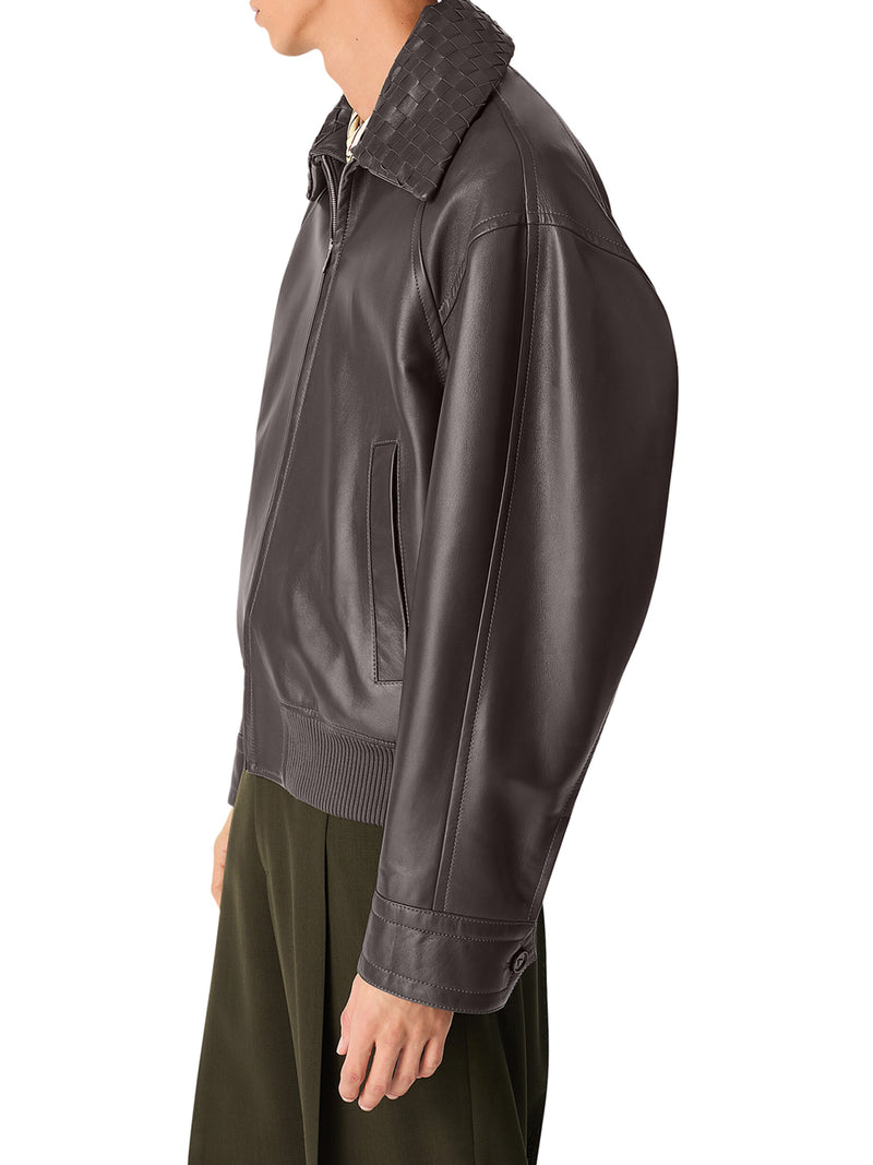 GIACCA IN PELLE CON COLLETTO A MOTIVO INTRECCIATO