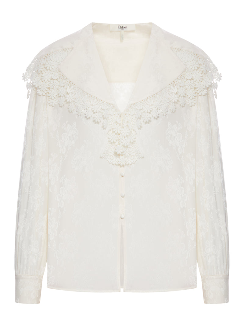 BLUSA CON MAXI COLLO IN JACQUARD DI SETA E PIZZO