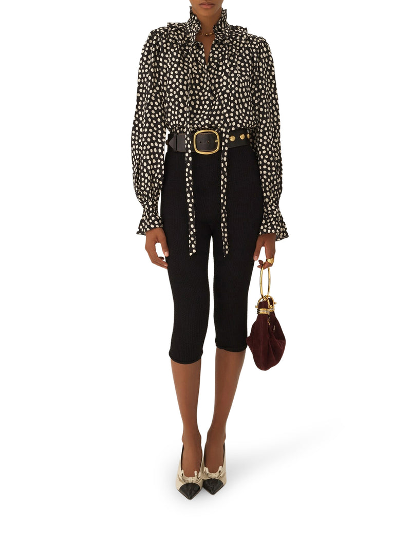 BLUSA CON VOLANT E NASTRI SUL DAVANTI IN JACQUARD DI SETA