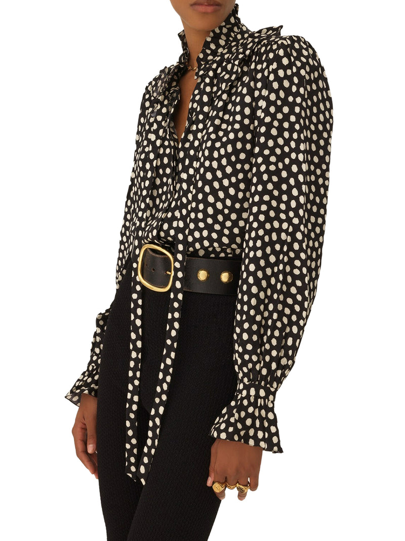 BLUSA CON VOLANT E NASTRI SUL DAVANTI IN JACQUARD DI SETA