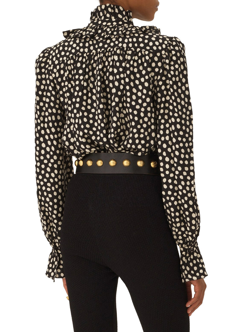 BLUSA CON VOLANT E NASTRI SUL DAVANTI IN JACQUARD DI SETA