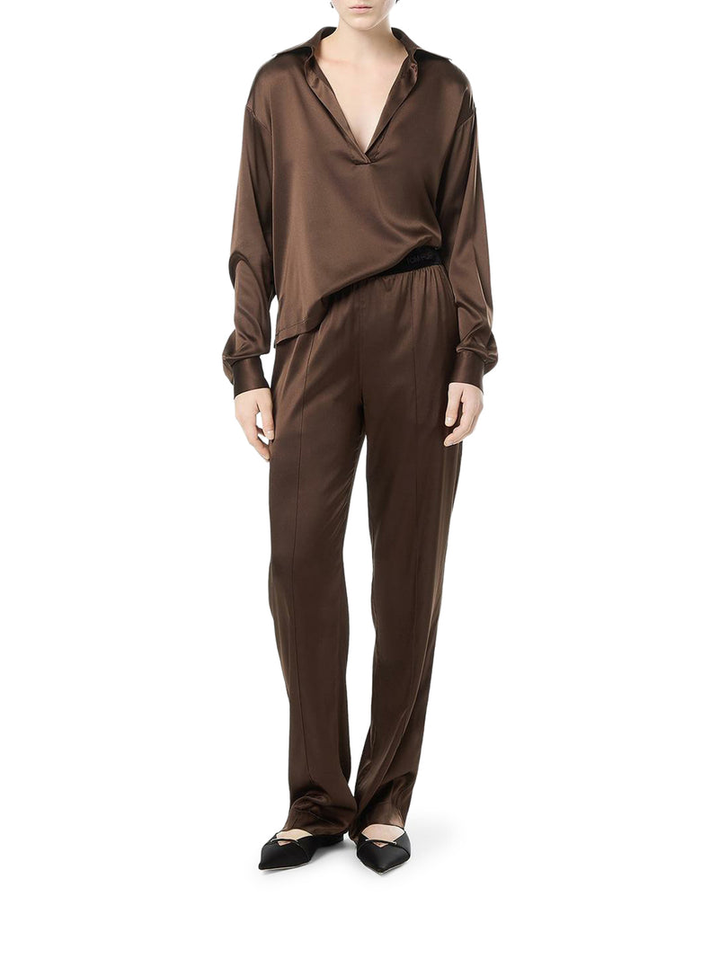 BLUSA IN RASO DI SETA CON LOGO TF RICAMATO TONO SU TONO MARRONE