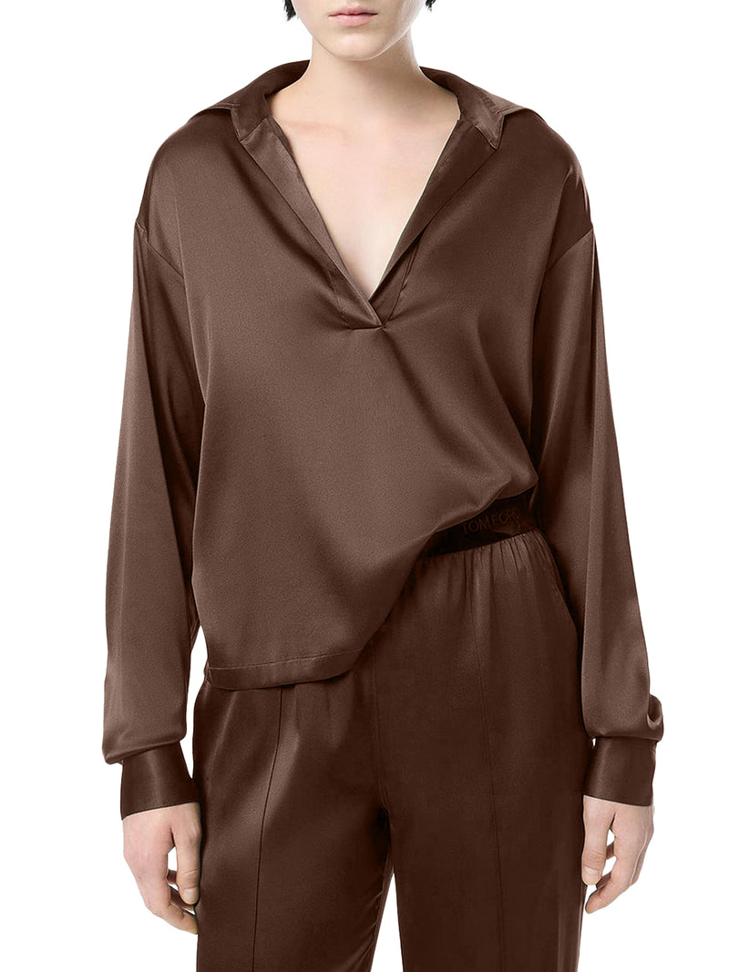 BLUSA IN RASO DI SETA CON LOGO TF RICAMATO TONO SU TONO MARRONE