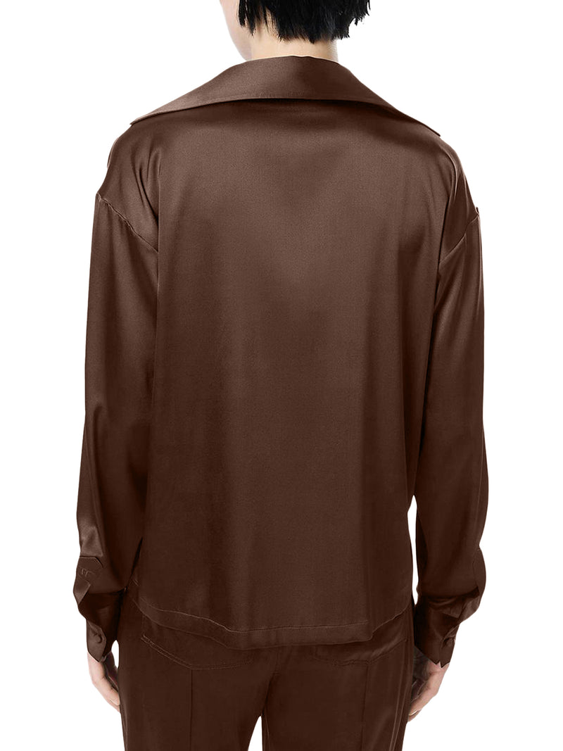 BLUSA IN RASO DI SETA CON LOGO TF RICAMATO TONO SU TONO MARRONE