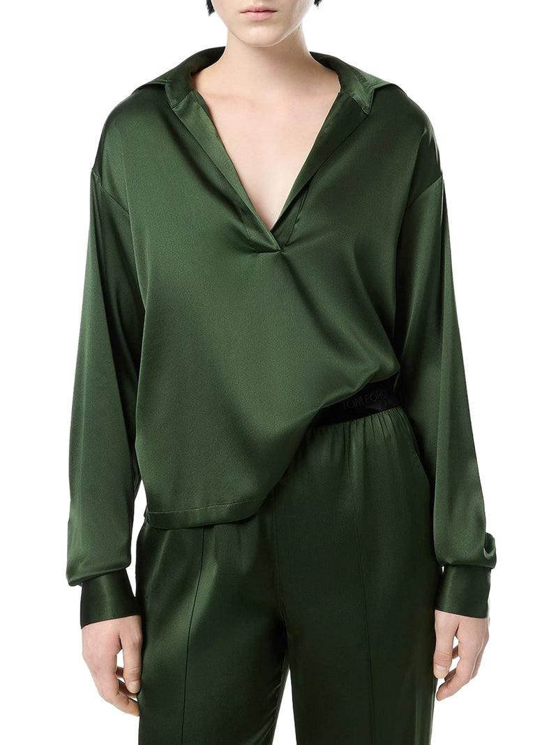 BLUSA IN RASO DI SETA CON LOGO TF RICAMATO TONO SU TONO VERDE
