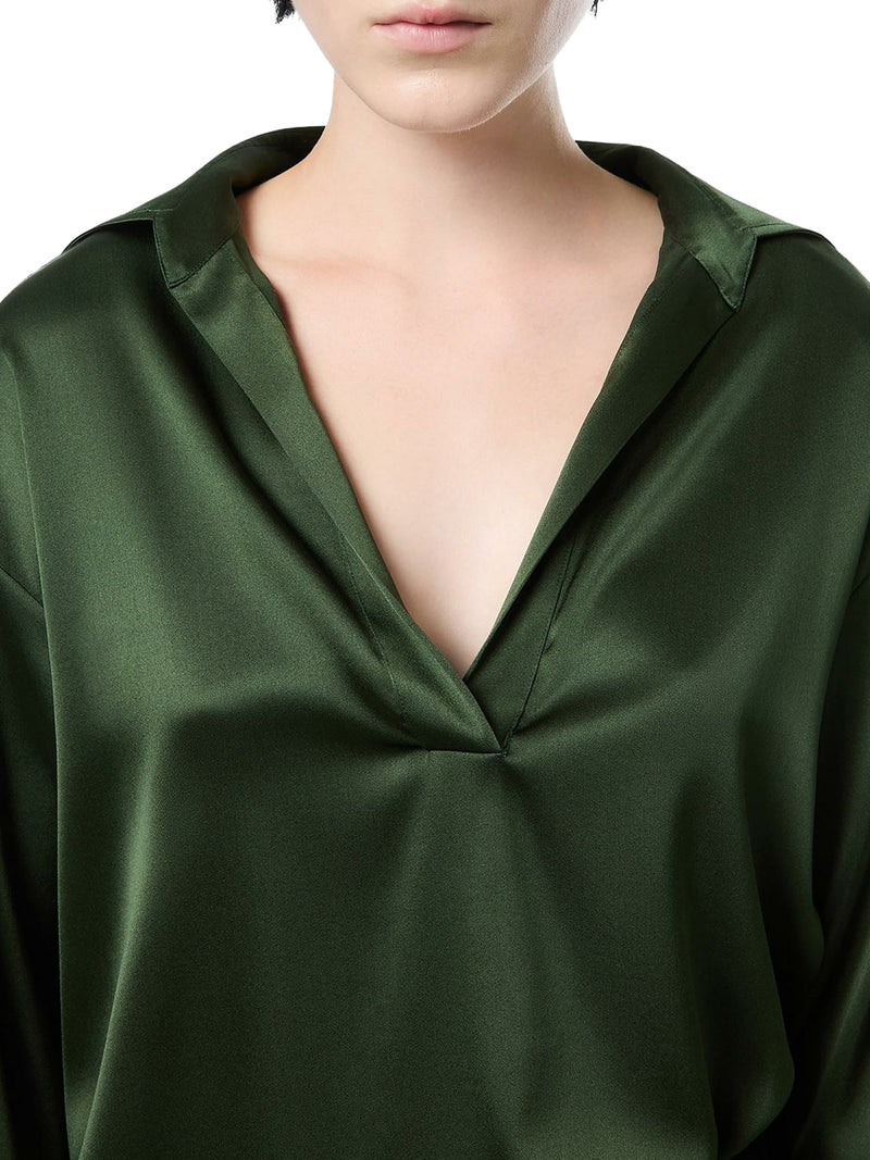 BLUSA IN RASO DI SETA CON LOGO TF RICAMATO TONO SU TONO VERDE