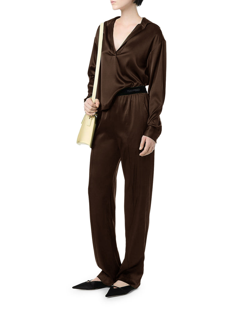 PANTALONI IN RASO DI SETA ELASTICIZZATO MARRONE