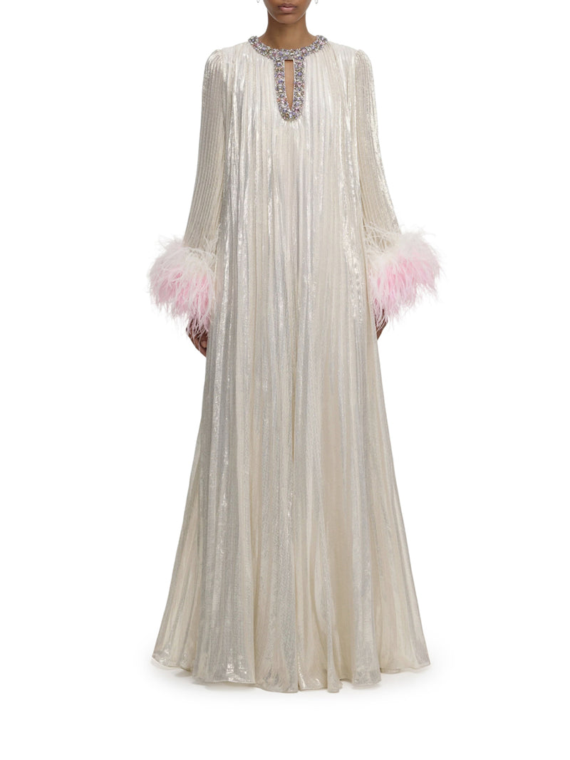 ABITO LUNGO METALLIZZATO CON PIUME