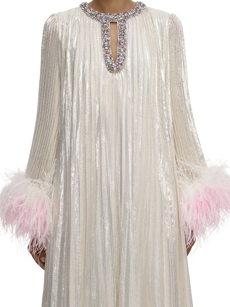 ABITO LUNGO METALLIZZATO CON PIUME