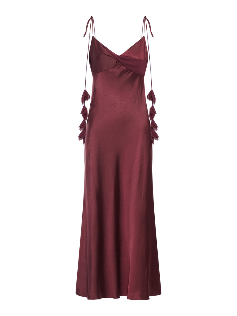 ABITO MIDI IN RASO BURGUNDY CON FIORI