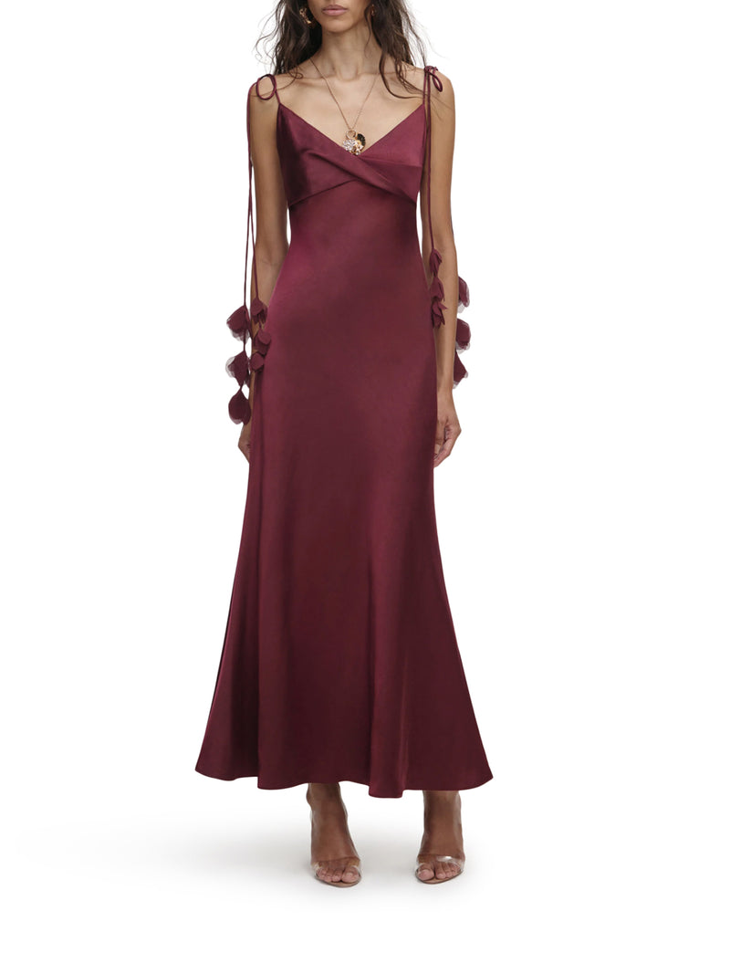 ABITO MIDI IN RASO BURGUNDY CON FIORI
