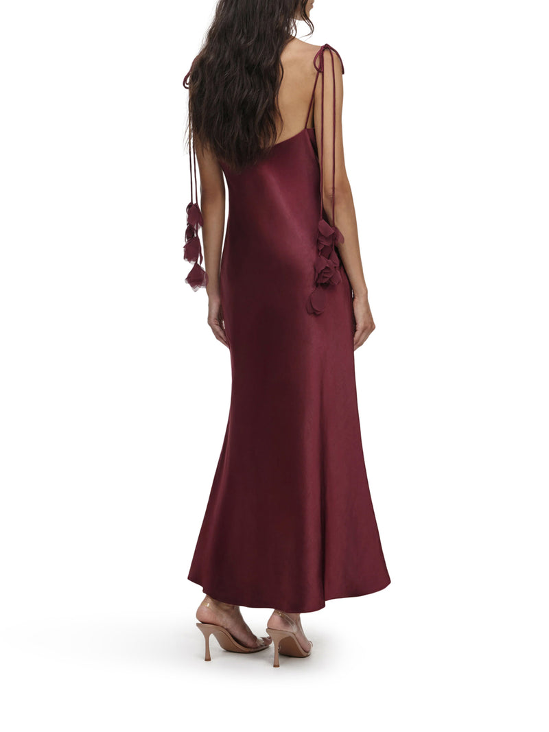 ABITO MIDI IN RASO BURGUNDY CON FIORI