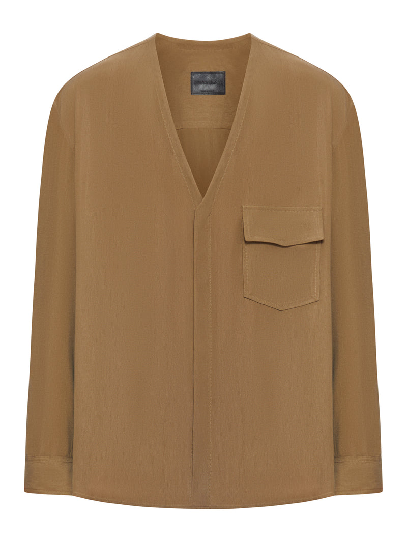 BLUSA IN VISCOSA CON SCOLLO A V E TASCA APPLICATA