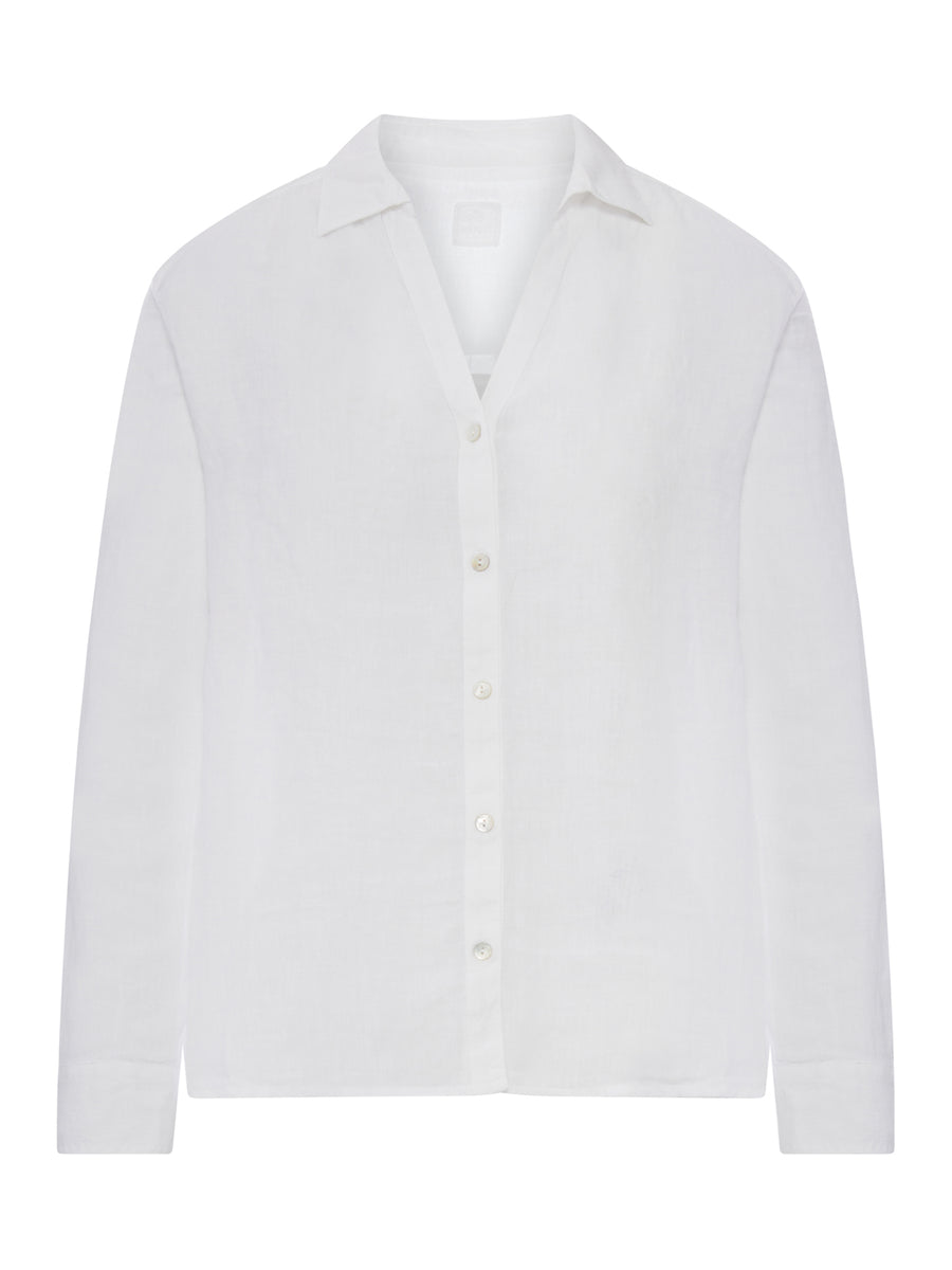 Camicetta da donna a maniche lunghe, elegante, con scollo a V, con bottoni, casual, da lavoro, tinta unita, in lino, con colletto rovesciato, camicetta per il tempo libero, bianco, S