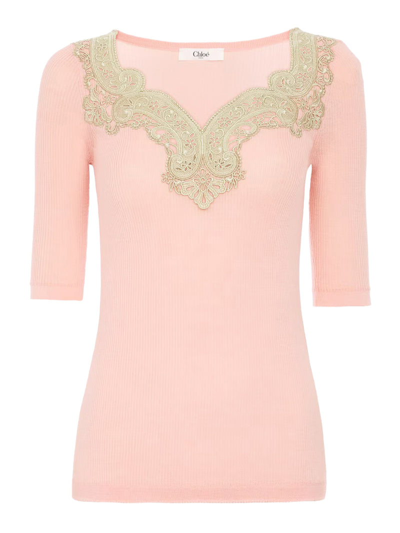 PULLOVER ADERENTE IN MAGLIA DI LANA E PIZZO