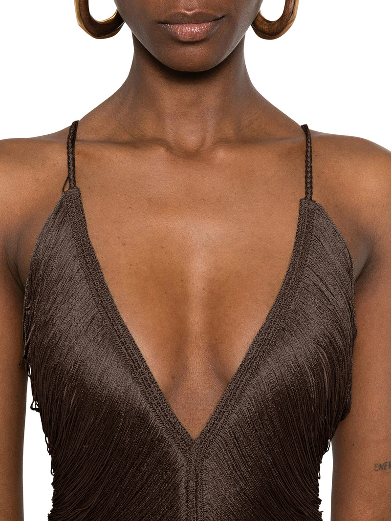 ABITO LUNGO SOLÉ CON FRANGE E SCOLLO A V