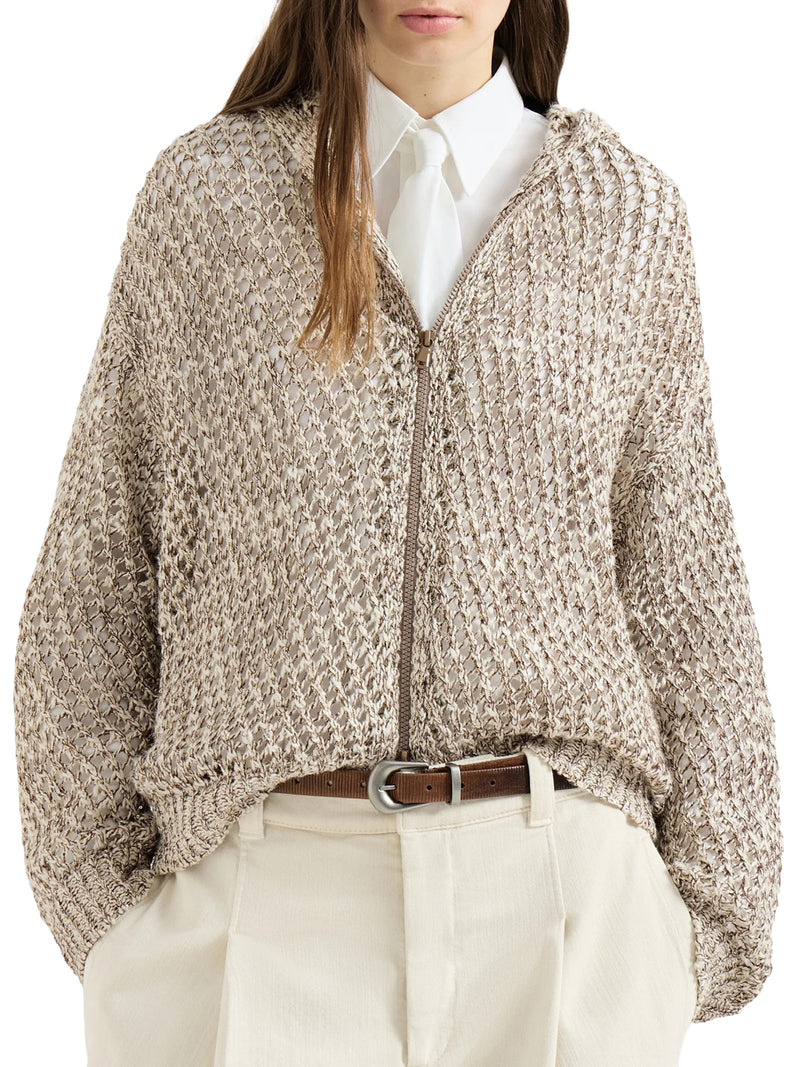 CARDIGAN DAZZLING IN MAGLIA CHINÉ DI SETA E LINO CON CAPPUCCIO E ZIP