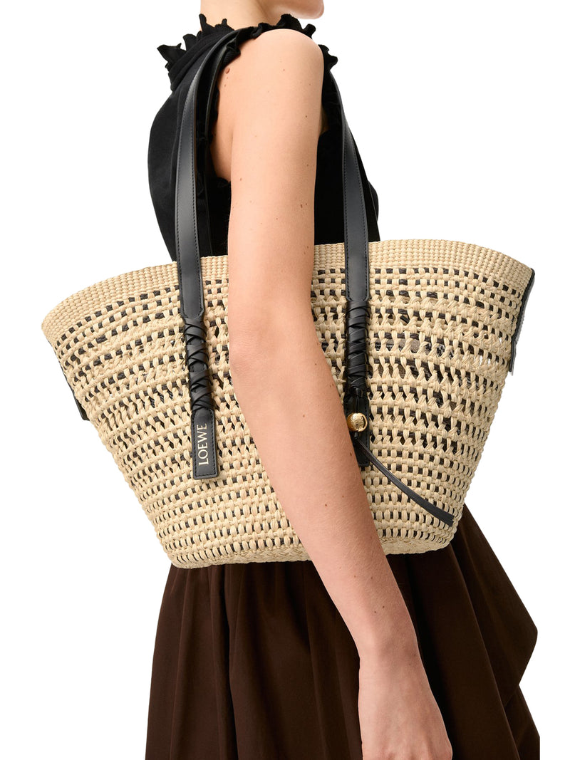 BORSA CESTO BRAID MEDIA IN PALMA IRACA E PELLE DI VITELLO