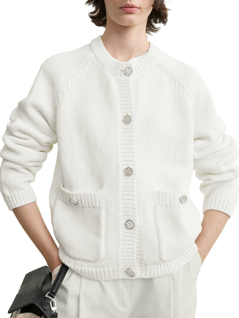 CARDIGAN IN COTONE BIANCO CON BOTTONI EFFETTO MARTELLATO