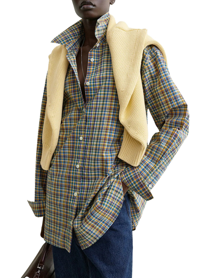 CAMICIA A QUADRI CLASSICA IN COTONE BLU E ARANCIONE