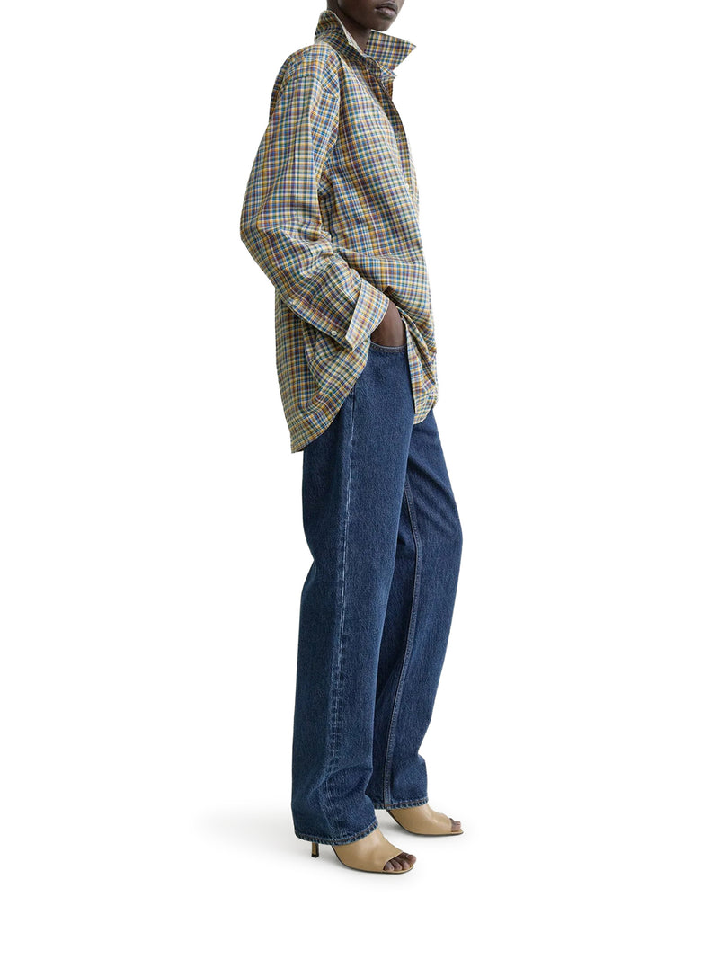 CAMICIA A QUADRI CLASSICA IN COTONE BLU E ARANCIONE