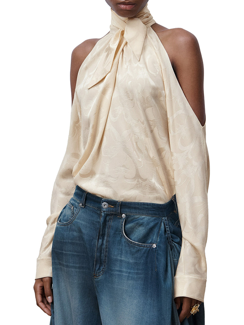BLUSA CON SPALLE SCOPERTE IN JACQUARD DI SETA A FIORI