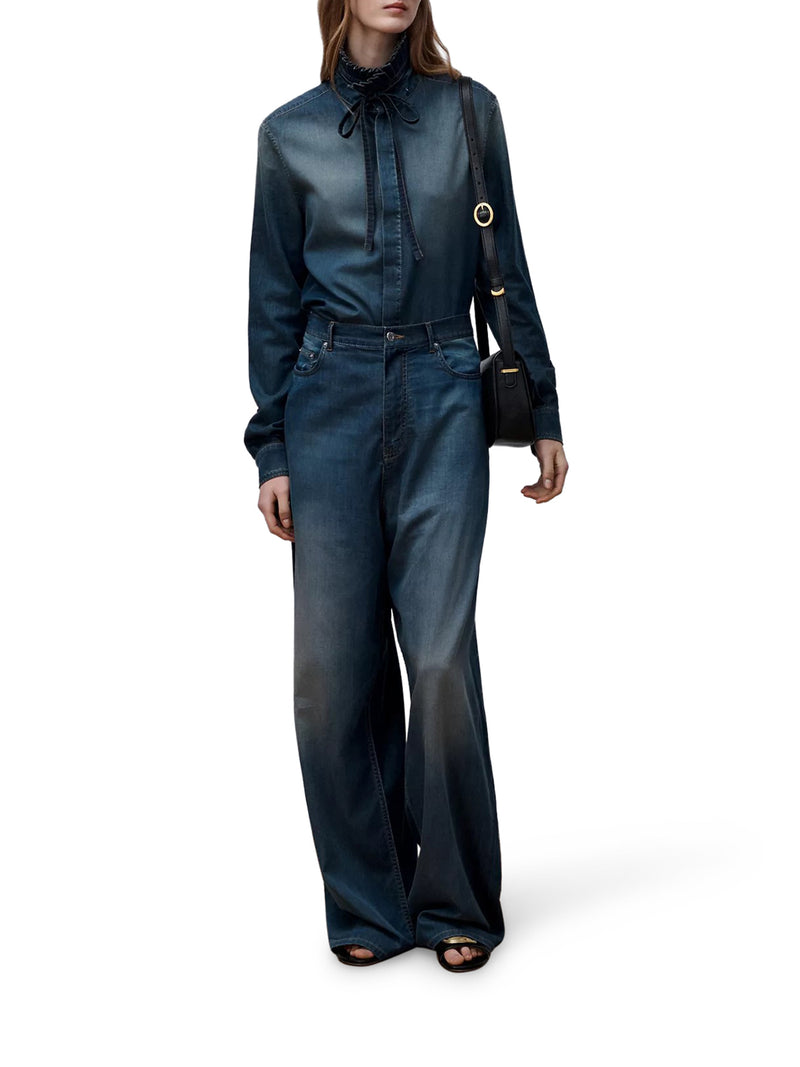 BLUSA LUNGA CON COLLETTO ANNODABILE IN DENIM DI COTONE