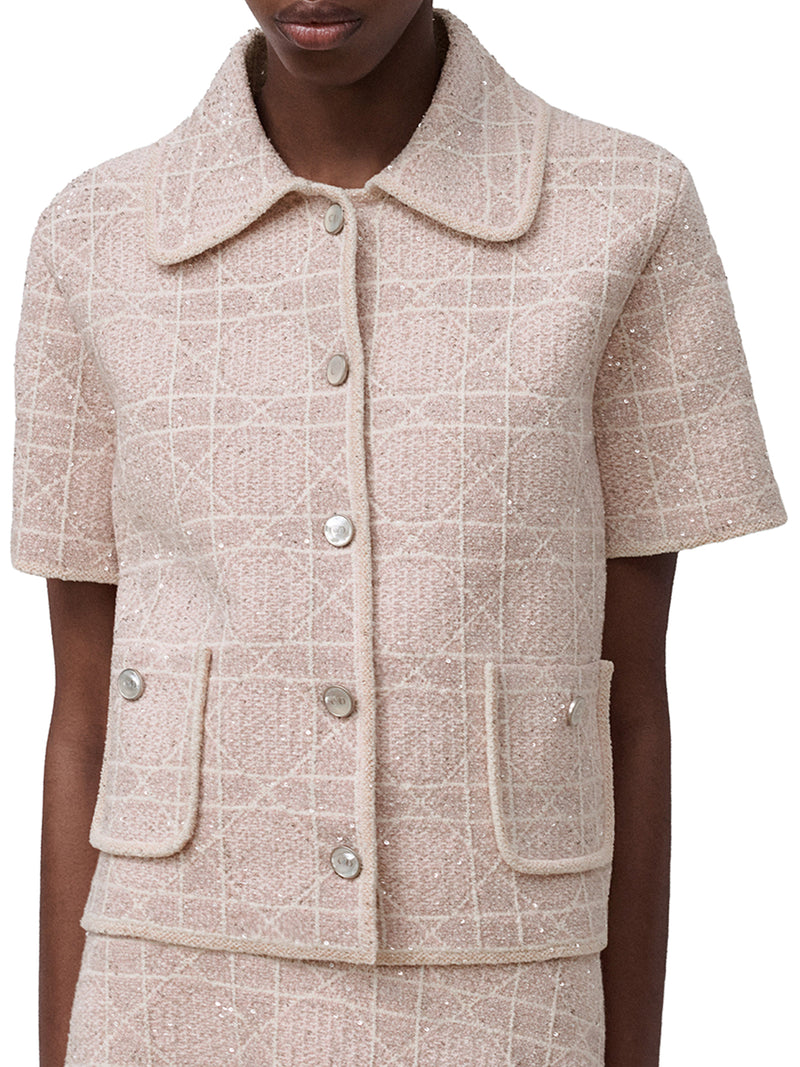 GIACCA A MANICHE CORTE MACROCANNAGE IN TWEED DI MISTO COTONE ROSA RICAMATO CON PAILLETTES
