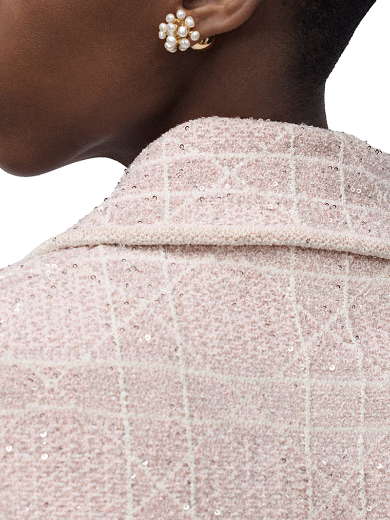 GIACCA A MANICHE CORTE MACROCANNAGE IN TWEED DI MISTO COTONE ROSA RICAMATO CON PAILLETTES