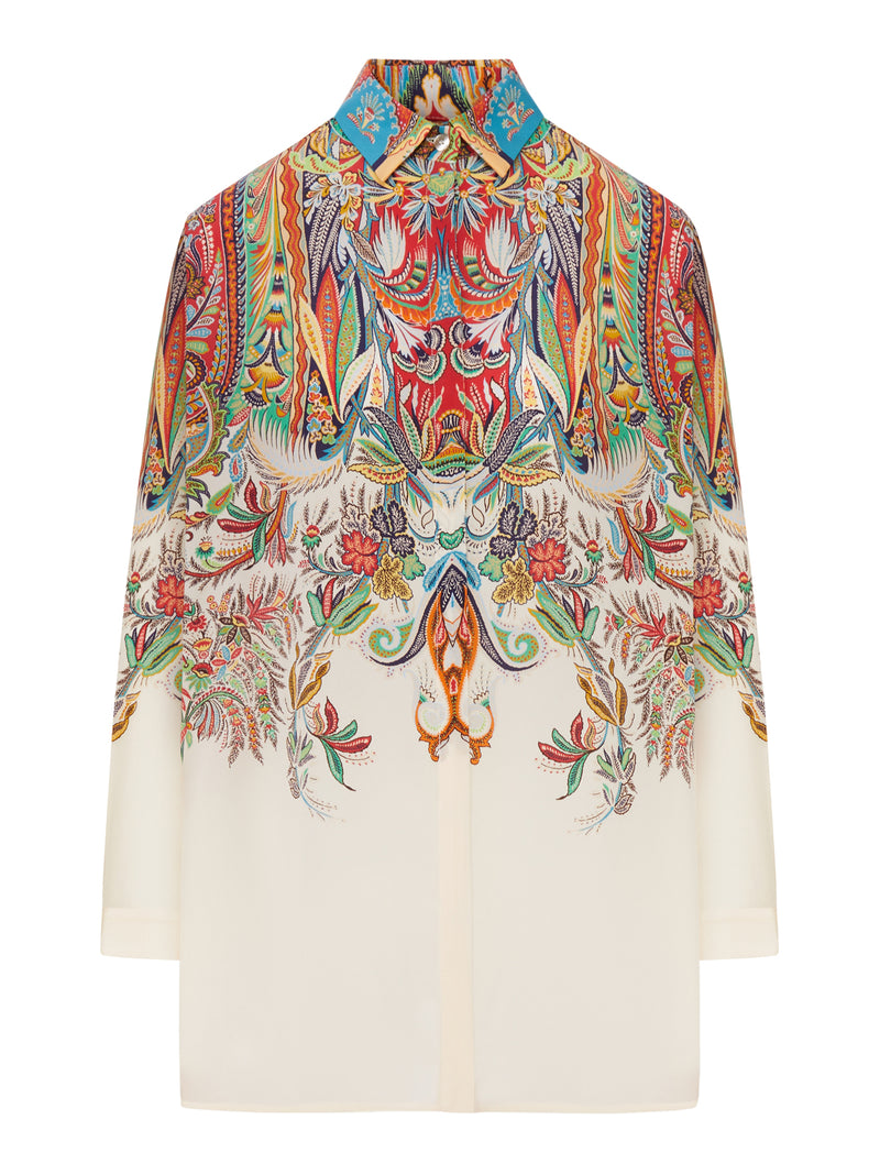 CAMICIA LUNGA IN SETA CON STAMPA PIAZZATA PAISLEY FOLIAGE