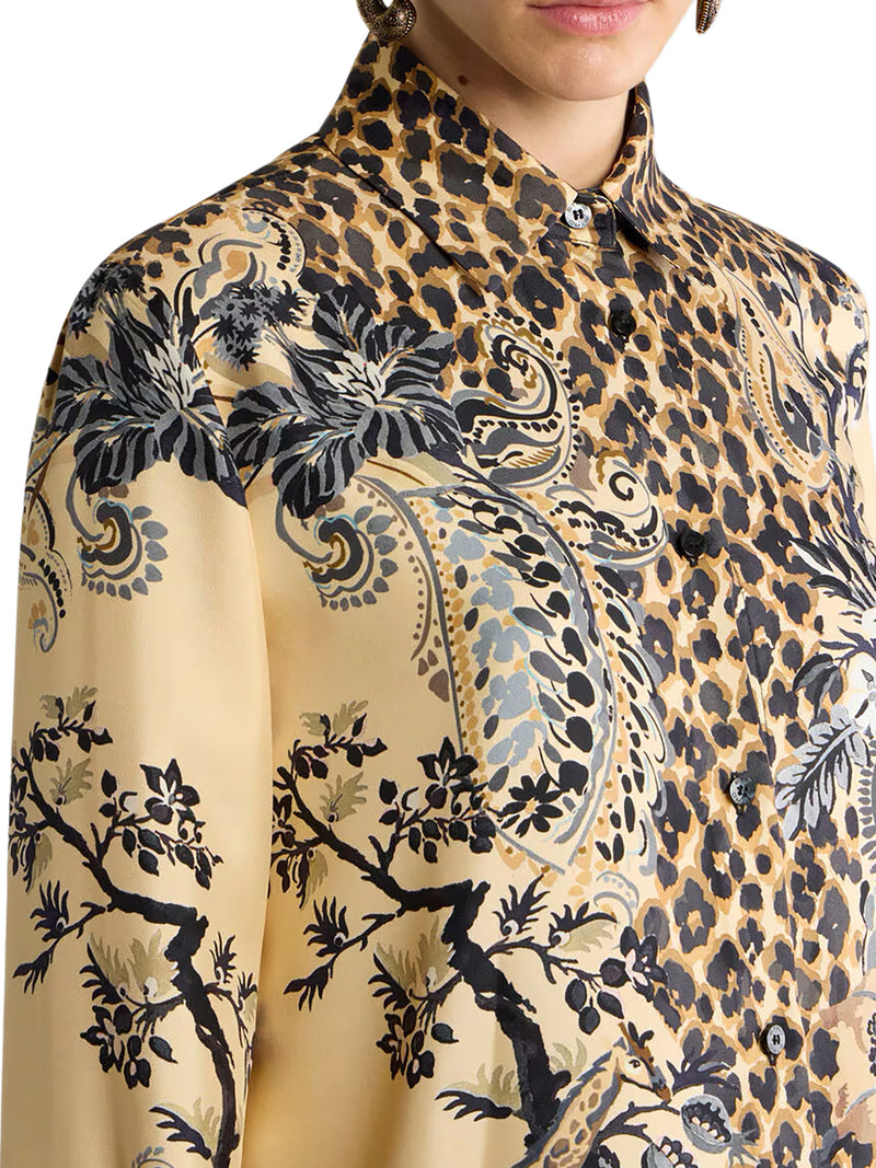CAMICIA IN SETA CON STAMPA LEOPARDATA PIAZZATA