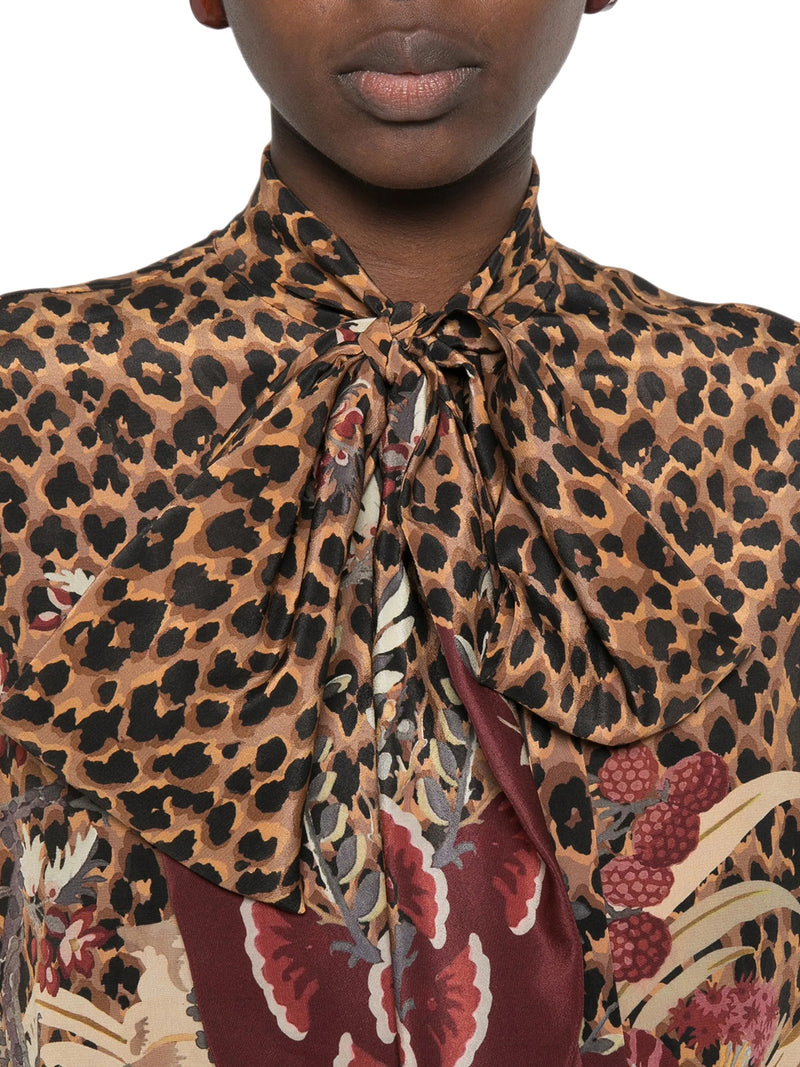 CAMICIA IN TESSUTO STAMPATO ANIMALIER E FLOREALE CON FIOCCO AL COLLO