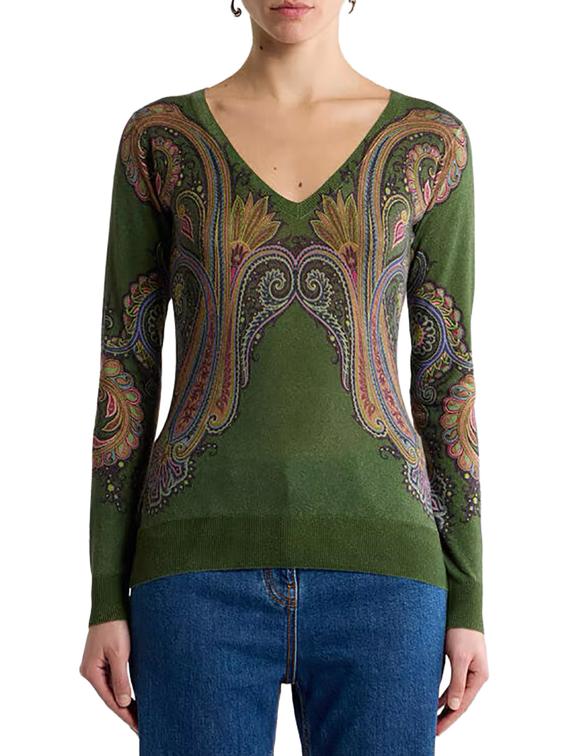 MAGLIA IN SETA E CASHMERE CON SCOLLO A V E STAMPA PAISLEY PIAZZATA