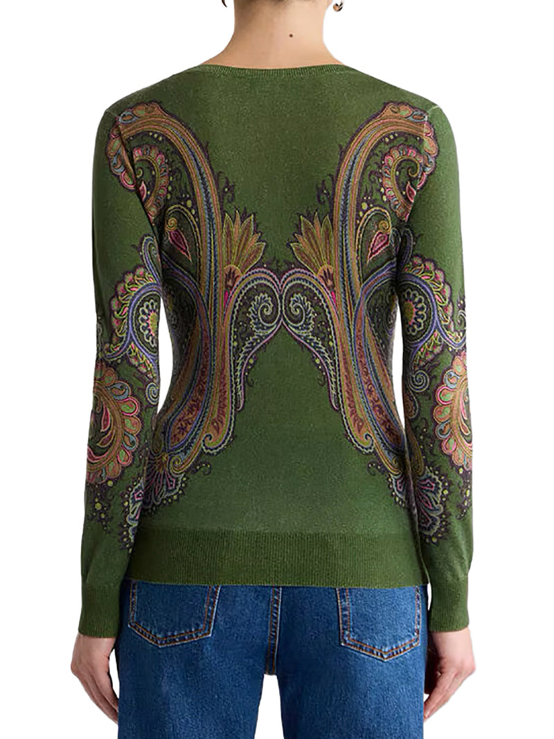 MAGLIA IN SETA E CASHMERE CON SCOLLO A V E STAMPA PAISLEY PIAZZATA