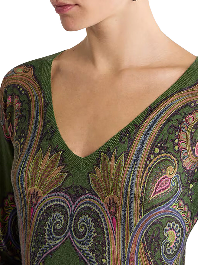 MAGLIA IN SETA E CASHMERE CON SCOLLO A V E STAMPA PAISLEY PIAZZATA